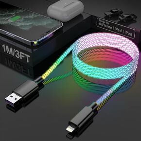 LED Light Up Flowing Type-C iPhone Charger Cable PD 27W iPhone Fast Charger Cord USB-C to Lightning Cable RGB LED Light Up Glowing Fast Charging Cable Cord for Apple iPhone 14/13/12/Pro/11/8/7/6-3FT