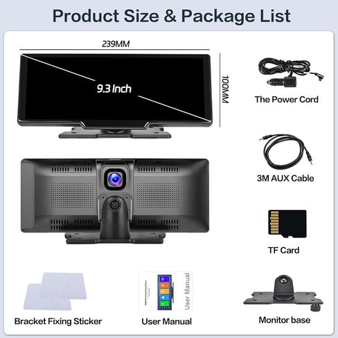 Hikity Wireless Carplay Portable Android Auto Unit with 2.5K Dash Cam, 9.3 Inch Touchscreen Car Screen Display with Bluetooth Airplay Mirror Link Voice Control AUX 64G TF in Saudi Arabia