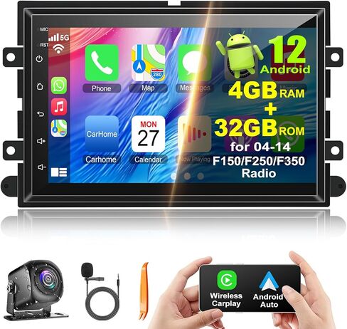 ستيريو سيارة 4+32G Android 12 لسيارة Ford 2004-2014 F150/F250/F350، راديو سيارة بشاشة تعمل باللمس 7 بوصة IPS مع Carplay لاسلكي/Android Auto، GPS، WiFi، Bluetooth، FM، يدعم Obd2/DVR/DSP in Kuwait
