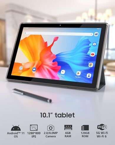 Tablet Android Tablet 10 Inch 11 Tablets, Tablets with Case, 5G WiFi Wifi6 128GB ROM+6GB RAM + 1TB Expand 8MP Camera, 1.8GHz CPU 6000mAh Battery, 10.1" 1280 * 800 FHD Tab in Kuwait