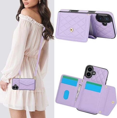 for Apple iPhone 16 Crossbody Wallet Case for Women, PU Leather Card Slot Phone Case with Cash Pocket Kickstand Purse Lanyard Case Cover for iPhone 16.Pocket Black in Kuwait