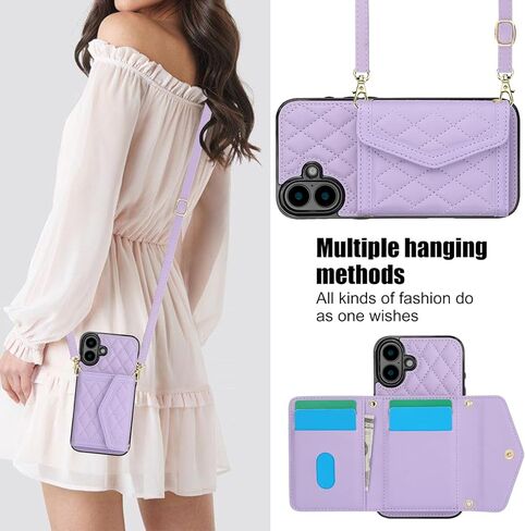 for Apple iPhone 16 Crossbody Wallet Case for Women, PU Leather Card Slot Phone Case with Cash Pocket Kickstand Purse Lanyard Case Cover for iPhone 16.Pocket Black in Kuwait