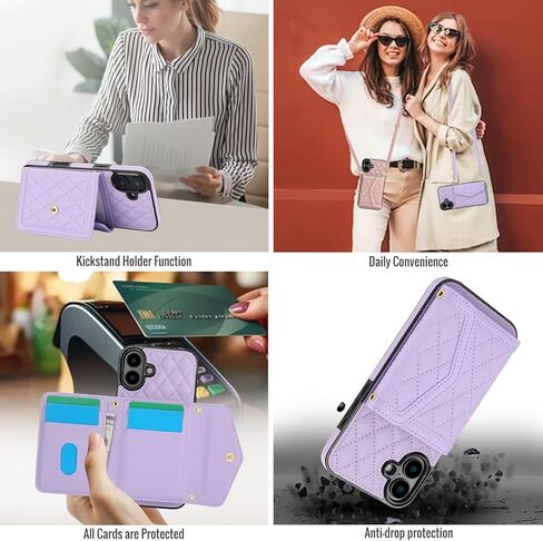for Apple iPhone 16 Crossbody Wallet Case for Women, PU Leather Card Slot Phone Case with Cash Pocket Kickstand Purse Lanyard Case Cover for iPhone 16.Pocket Black in Kuwait