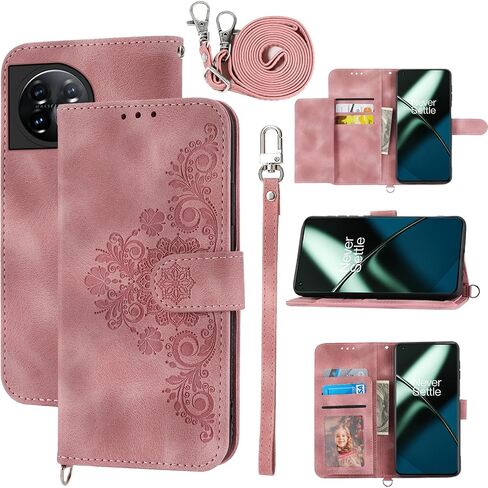 Wallet Case for OnePlus 11 5G with Wrist Strap Crossbody Shoulder Strap,Embossed Leather Flip Credit Card Holder Stand Cell Phone Cover for One Plus11 1 Plus 1plus11 One+ 1+ Women Girls Pink in Saudi Arabia