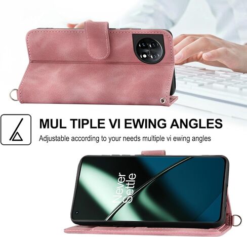 Wallet Case for OnePlus 11 5G with Wrist Strap Crossbody Shoulder Strap,Embossed Leather Flip Credit Card Holder Stand Cell Phone Cover for One Plus11 1 Plus 1plus11 One+ 1+ Women Girls Pink in Saudi Arabia