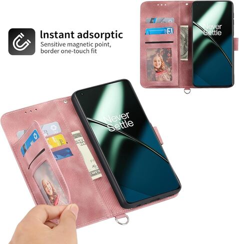Wallet Case for OnePlus 11 5G with Wrist Strap Crossbody Shoulder Strap,Embossed Leather Flip Credit Card Holder Stand Cell Phone Cover for One Plus11 1 Plus 1plus11 One+ 1+ Women Girls Pink in Saudi Arabia