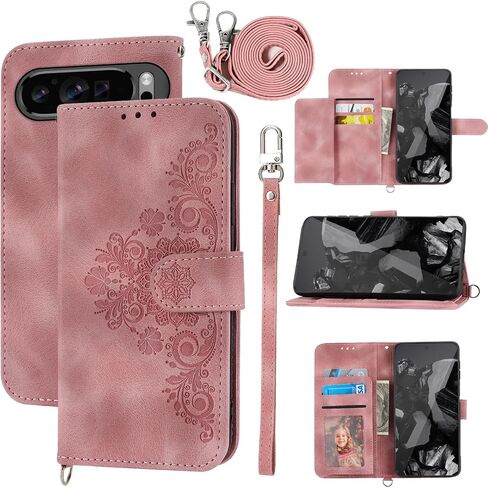 Wallet Case Compatible with Google Pixel 9 Pro XL with Wrist Strap Crossbody Strap, Embossed Leather Flip Card Holder Stand Cell Phone Cover for Pixel9 9Pro 9ProXL Nine Women Girls Black in Kuwait