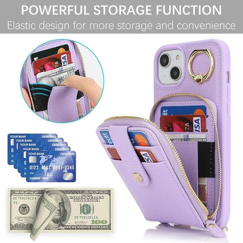 for iPhone 14 Case with Card Holder for Women,for iPhone 13 Crsosbody Case with Strap Lanyard,14 Wallet Case,Zipper Stand Ring Phone Case with Coin Pocket-Black in Kuwait