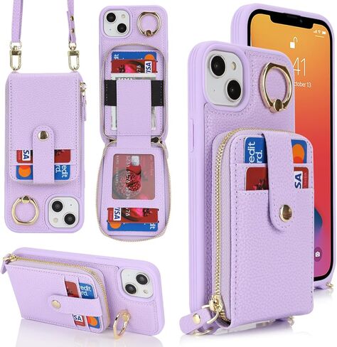 for iPhone 14 Case with Card Holder for Women,for iPhone 13 Crsosbody Case with Strap Lanyard,14 Wallet Case,Zipper Stand Ring Phone Case with Coin Pocket-Black in Kuwait