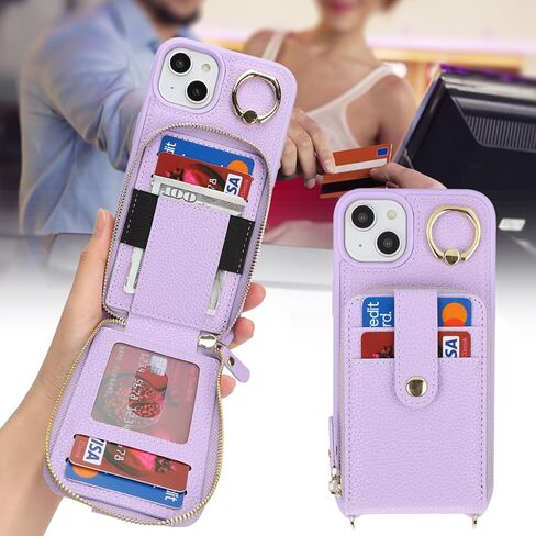 for iPhone 14 Case with Card Holder for Women,for iPhone 13 Crsosbody Case with Strap Lanyard,14 Wallet Case,Zipper Stand Ring Phone Case with Coin Pocket-Black in Kuwait