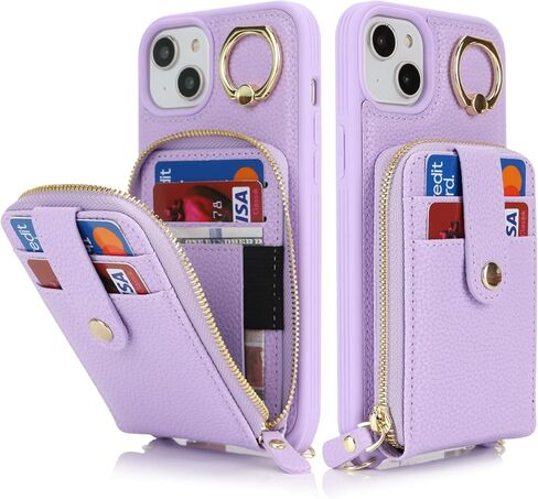 for iPhone 14 Case with Card Holder for Women,for iPhone 13 Crsosbody Case with Strap Lanyard,14 Wallet Case,Zipper Stand Ring Phone Case with Coin Pocket-Black in Kuwait