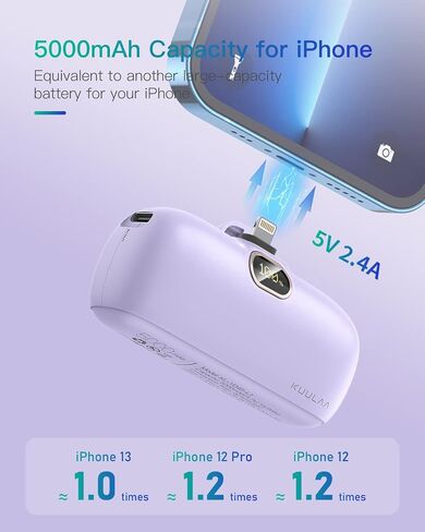 شاحن Kuulaa صغير محمول لهاتف iPhone مع كابل Lightning مدمج وبنك طاقة بقدرة 5000 مللي أمبير في الساعة شحن سريع لهواتف iPhone 14/13/13 Pro/12/12 Pro/11/XR/XS/X/8/7/6 أسود in Saudi Arabia