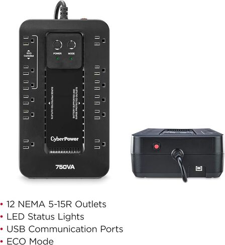 CyberPower EC750GTAA نظام UPS للبطارية الاحتياطية والحماية من زيادة التيار، 750 فولت أمبير/450 وات، 12 منفذًا، وضع ECO، مزود طاقة مدمج غير منقطع، معتمد من TAA in Kuwait