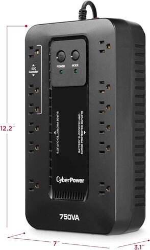 CyberPower EC750GTAA نظام UPS للبطارية الاحتياطية والحماية من زيادة التيار، 750 فولت أمبير/450 وات، 12 منفذًا، وضع ECO، مزود طاقة مدمج غير منقطع، معتمد من TAA in Kuwait