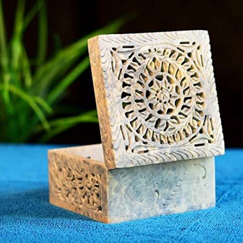 Hashcart Marble Jewelry Box Small Decorative Box Tarot Box Stash Box |Size- 4" x 4" x 2"| Handcarved Soapstone Box Use as Jewelry Tray Ring Dish Ring Holder in Kuwait