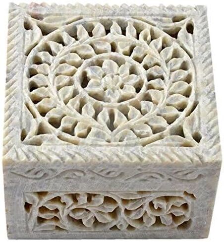 Hashcart Marble Jewelry Box Small Decorative Box Tarot Box Stash Box |Size- 4" x 4" x 2"| Handcarved Soapstone Box Use as Jewelry Tray Ring Dish Ring Holder in Kuwait