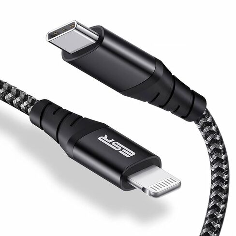 ESR كابل USB-C إلى Lightning، (1 متر، معتمد من MFi)، كابل شحن سريع PD لأجهزة iPhone 13/13 mini/13 Pro/13 Pro Max/12/12 mini/12 Pro/12 Pro Max/SE 2022/ 11/XR/XS Max/XS/X/8، نايلون مجدول، أسود in Kuwait