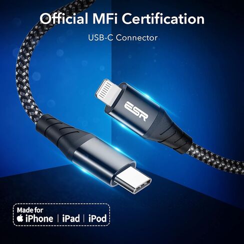 ESR كابل USB-C إلى Lightning، (1 متر، معتمد من MFi)، كابل شحن سريع PD لأجهزة iPhone 13/13 mini/13 Pro/13 Pro Max/12/12 mini/12 Pro/12 Pro Max/SE 2022/ 11/XR/XS Max/XS/X/8، نايلون مجدول، أسود in Kuwait
