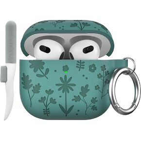 Maxjoy for AirPods 4 Case, Engraved AirPod 4 Case Protective Silicone Flower Cute AirPod 4 Gen Case for Women Men with Keychain for AirPods 4th Generation 2024, Pine Green