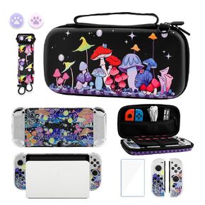 GLDRAM Colorful Mushroom Carrying Case for Nintendo Switch OLED Durable Travel Storage Bag with Glittery Switch OLED Protective Cover & HD Screen Protector & Shoulder Strap & Thumb Caps for Boys Girls