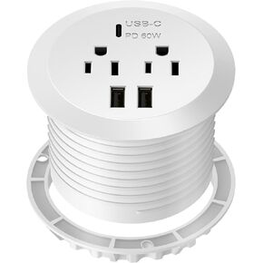 TOPGREENER GaN Desk Grommet with 65W PD for MacBook, Desktop Power Grommet with 1 Fast Charging USB-C Port, 2 USB-A Ports and Duplex Receptacles, TTRP48APD60-GD, Gold