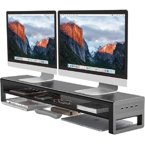 2 Tiers Dual Monitor Stand with Auto Charging Pad, 4 USB 3.0 Hub Ports, Double Monitor Riser, Metal Desk Stand with Storage, Long Screen Raiser for 2 Monitors/PC/Laptop/Computer Space Saver Organizer