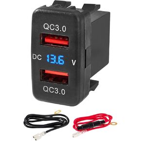 Anina Dual QC USB 3.0 Charger Port for Toyota, 12V/24V 18W Quick Charge Socket Adapter with Digital Voltmeter Blue LED Light, Multi-Port USB Square Car Outlet Plug for Tacoma FJ Cruiser Highlander