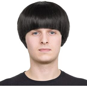 JoneTing 24.5cm/10Inch Black Mushroom Wig【+Wig Cap】 Bowl Cut Wig Men for Halloween Party Wigs Short Black Funny Wig for Man Synthetic Wig With Bang for Chrismas Cosplay Costume