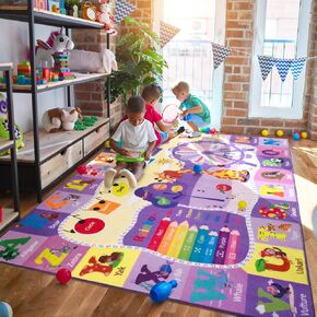 Pink Rug for Girls Bedroom Daycare Kids Rug 6x9 Playroom Rug with ABC Alphabet Animals,Educational and Fun ClassroomRug,Washable Nursery Rug for Baby Toddler Children