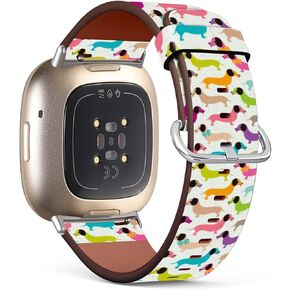 Compatible with Fitbit Sense 2 / Sense/Versa 4 / Versa 3 Patterned Leather Replacement Band (Cute Dachshund Dogs)