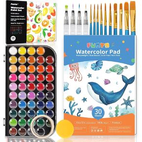 Funto Watercolor Set, 48 Color Paint Set, 10 Brushes, 4 Refillable Water Brush Pens, 30 Page Pad(9"x12"), Masking Tape, Sponge, Palette, Painting Kit for Kids, Adults, Beginners