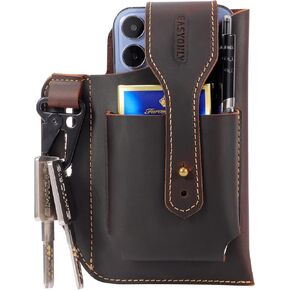 Men's Genuine Leather Phone Case Keychain Phone Case Wear Belt Leather Case, Construction Worker Phone Case