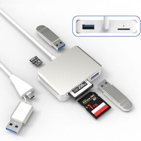 XQD Card Reader, USB 3.0 / USB C to XQD/SD/TF Card Reader, 5 in 2 USB 3.0 Card Adapter Read 3 Cards for SD(HC/XC),TF, Sony G Series, Lexar USB Mark Card, Compatible for USB A/USB-C Laptop