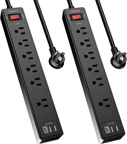 2 Pack Power Strip Surge Protector with 6 Feet, QINLIANF 6 AC Outlets and 3 USB Ports, 6Ft Extension Cord Flat Plug for Home, Office, Dorm Essentials, 1680 Joules, ETL Listed, Black in Saudi Arabia