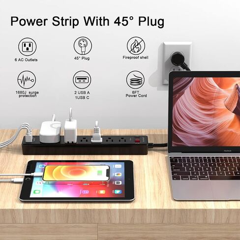 2 Pack Power Strip Surge Protector with 6 Feet, QINLIANF 6 AC Outlets and 3 USB Ports, 6Ft Extension Cord Flat Plug for Home, Office, Dorm Essentials, 1680 Joules, ETL Listed, Black in Saudi Arabia