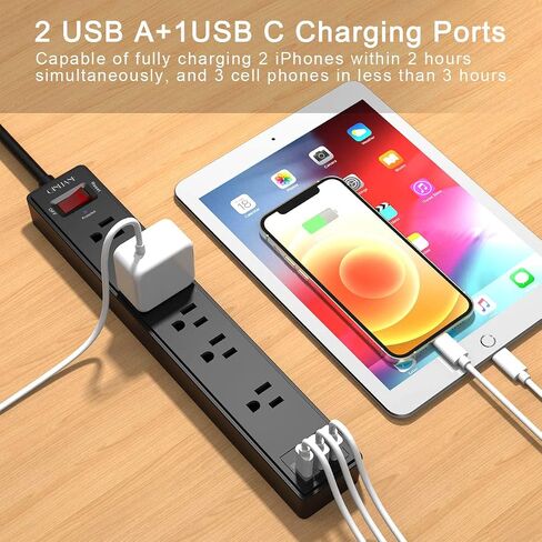 2 Pack Power Strip Surge Protector with 6 Feet, QINLIANF 6 AC Outlets and 3 USB Ports, 6Ft Extension Cord Flat Plug for Home, Office, Dorm Essentials, 1680 Joules, ETL Listed, Black in Saudi Arabia