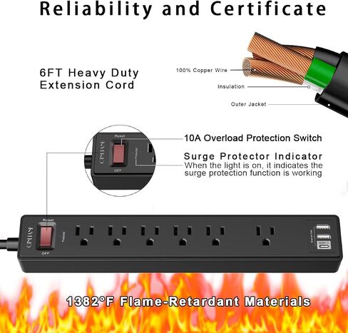 2 Pack Power Strip Surge Protector with 6 Feet, QINLIANF 6 AC Outlets and 3 USB Ports, 6Ft Extension Cord Flat Plug for Home, Office, Dorm Essentials, 1680 Joules, ETL Listed, Black in Saudi Arabia