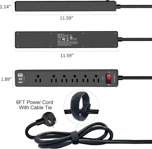 2 Pack Power Strip Surge Protector with 6 Feet, QINLIANF 6 AC Outlets and 3 USB Ports, 6Ft Extension Cord Flat Plug for Home, Office, Dorm Essentials, 1680 Joules, ETL Listed, Black in Saudi Arabia