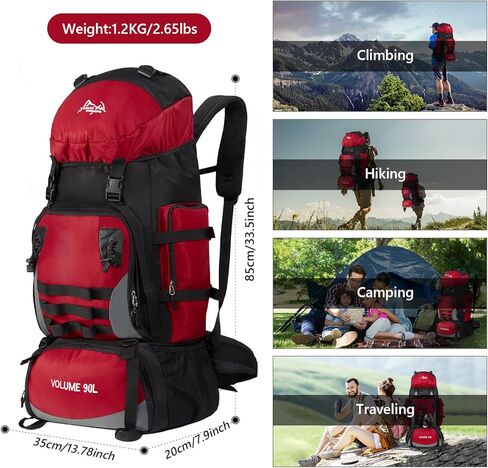 حقيبة ظهر كبيرة للتخييم والمشي لمسافات طويلة سعة 90 لتر مع غطاء للمطر، حقيبة ظهر عسكرية مقاومة للماء (أزرق داكن) in Kuwait