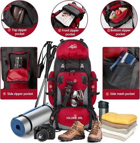 حقيبة ظهر كبيرة للتخييم والمشي لمسافات طويلة سعة 90 لتر مع غطاء للمطر، حقيبة ظهر عسكرية مقاومة للماء (أزرق داكن) in Kuwait