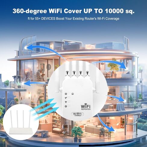 معزز إشارة موسع WiFi، معزز WiFi مع نطاق مزدوج 1200 ميجابت في الثانية (5 جيجا هرتز/2.4 جيجا هرتز) معزز إشارة موسعات WiFi للمنزل، مكرر WiFi مع منفذ إيثرنت يغطي ما يصل إلى 10000 متر مربع. قدم و55 جهاز (أبيض) in Saudi Arabia