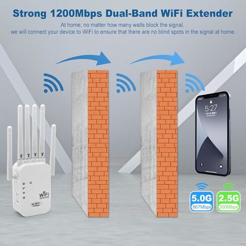 معزز إشارة موسع WiFi، معزز WiFi مع نطاق مزدوج 1200 ميجابت في الثانية (5 جيجا هرتز/2.4 جيجا هرتز) معزز إشارة موسعات WiFi للمنزل، مكرر WiFi مع منفذ إيثرنت يغطي ما يصل إلى 10000 متر مربع. قدم و55 جهاز (أبيض) in Saudi Arabia