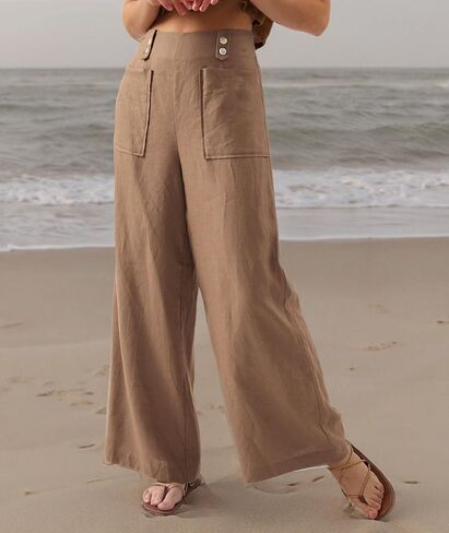 Amazhiyu Womens Pure Linen High Waist Wide Leg Pants with Pockets for Casual Summer in Kuwait