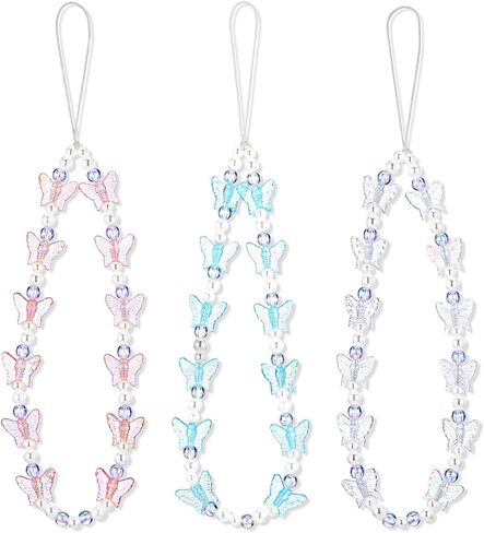 3pcs Phone Bracelet Strap for Women, Butterfly Cell Phone Wrist Strap, Beaded Phone Charm Strap, Aesthetic Y2K Cell Phone Lanyard for Camera, Key, Purse Decoration（Pink，Blue，White） in Saudi Arabia
