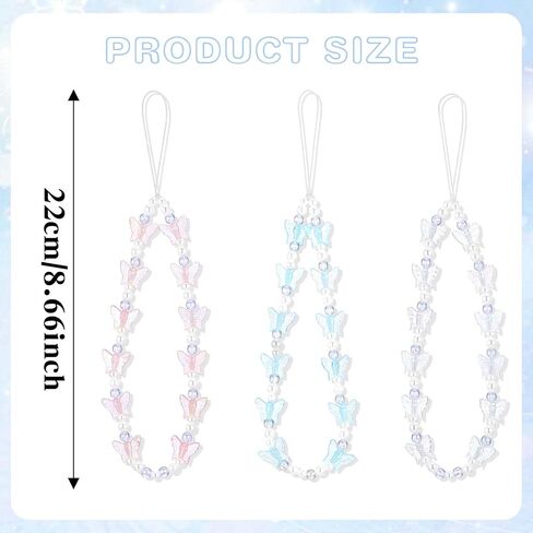 3pcs Phone Bracelet Strap for Women, Butterfly Cell Phone Wrist Strap, Beaded Phone Charm Strap, Aesthetic Y2K Cell Phone Lanyard for Camera, Key, Purse Decoration（Pink，Blue，White） in Saudi Arabia