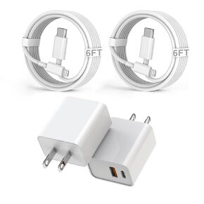 Fast iPhone Charger, 2Pack 20W Dual Port QC+ USB C Charger Block Plug Adapter Dual Charger iPhone Fast Charging Brick 6 FT USB C to Lightning Cable iPhone Cord for iPhone 14/13/12/11/Pro Max/Mini/XR/X