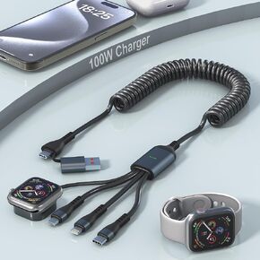 4 in 2 Multi Charging Cable for Apple Watch Charger USB C,100W 10FT Retractable iPhone and Watch Charger Cable Fast Charging Cord with Lightning/Micro/Type C/iWatch for iPhone iPad iWatch MacBook