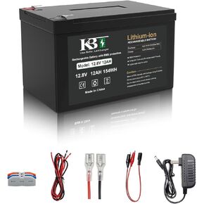 KBT 12V 15Ah Lithium LiFePO4 Battery, with 12V Charger, Charging Cable for Powered Wheels, Ride On Car, Fish Finder, CCTV Camera, Built-in 20A BMS