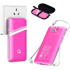 10000mAh Power Bank, Q Slim Portable Charger,4 Output External Battery Pack with Built-in AC Wall Plug Micro USB C Three Cables Compatible with All Kinds of mobilephone (Pink)