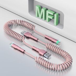 Coiled USB to Lightning Cable [MFi Certified], Apple Carplay Charger Cable for Car Data Sync, Coiled iPhone Car Charger iPhone Cable Pink, 2 Pack